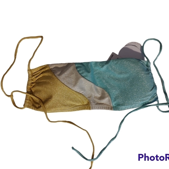 PQ Swim Bandeau Bikini Top in a Shimmery Yellow, Cre am & Turquoise Sz. - Picture 1 of 4